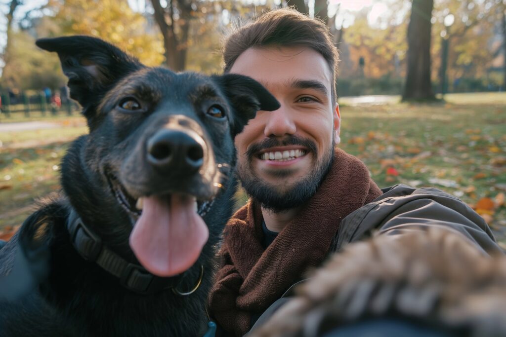 Smiling man taking a photo with his black dog sitting on his lap, dog’s tongue out